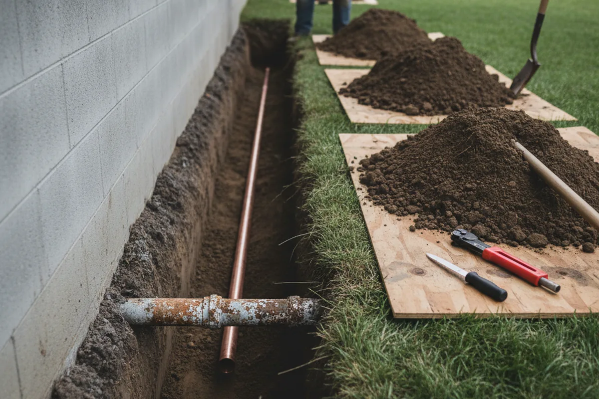 Excavated water line trench during Water Softener Installation in Saint Bonifacius